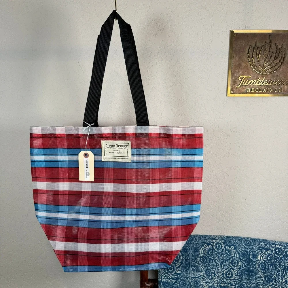 Dream Weaver‎ Bodega Market Bag Red Blue Plaid Woven Mesh Tote Fair Trade NWT